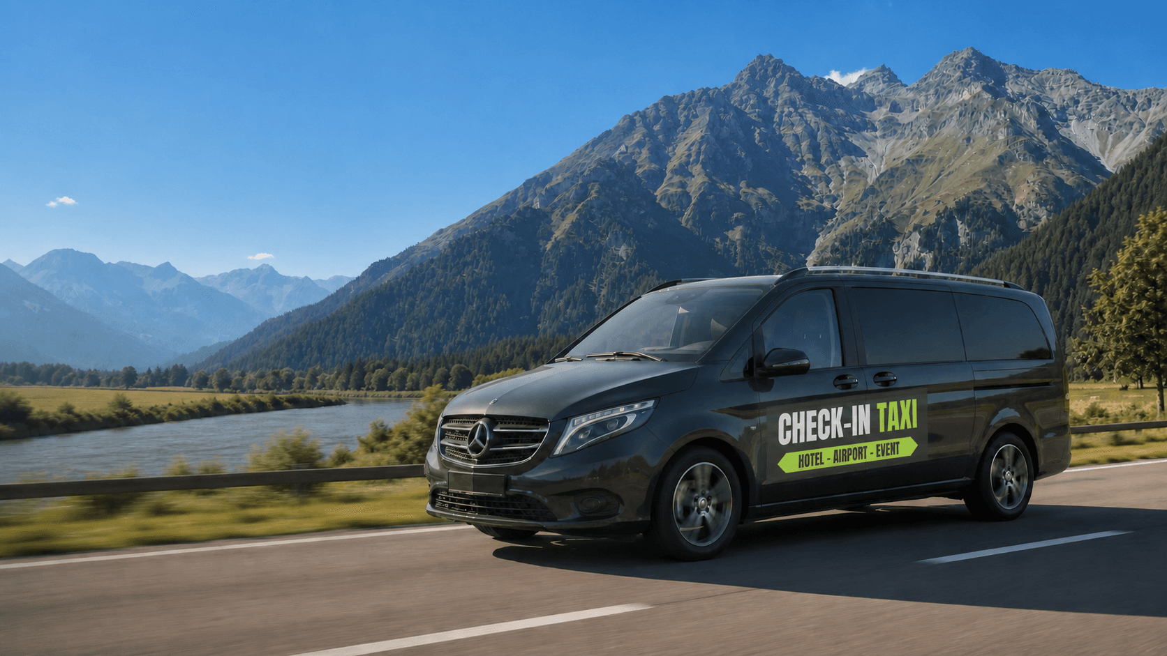 Anthrazitfarbener Check-in Taxi Mercedes Vito vor der Pfundser Bergkulisse